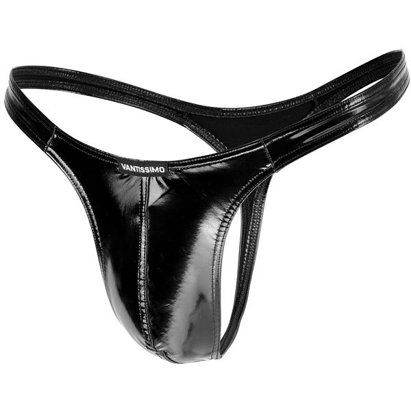 Vantissimo Men's G-String Thong Made in Germany Leather High Gloss Patent Latex Look Colour Black Wet Look Faux Leather Sexy Underwear Erotic Erotic Lingerie for Men Underwear - Black - XL