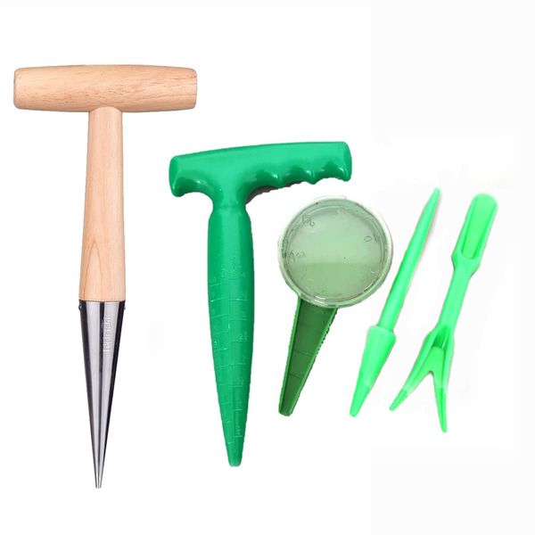 5 Pcs Bulb Planter Tools, Garden Dibber with Seed Dispenser Transplanter for Bulb Planting, Transplanting and Seeding