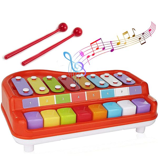 Toysery 2 in 1 Baby Piano Xylophone for Toddlers. Piano Toy Musical Instrument with 8 Multicolored Key Scales in Crisp and Clear Tones. Mallet Included. Ages 3 Years and Above.