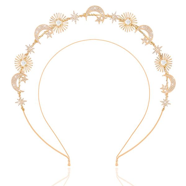 Fstrend Moon Halo Crown Headband Goddess Gold FlowerLayered Star Headpiece Wedding Prom Party Costume Hair Accessories for Women