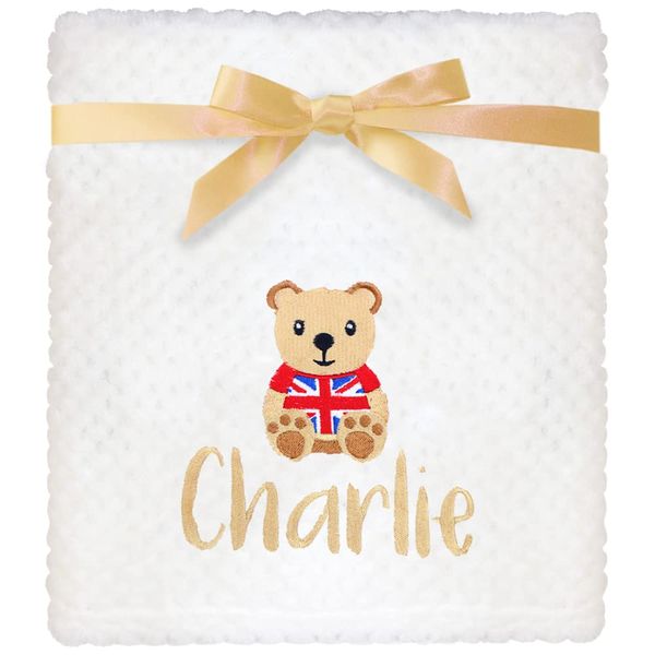Personalised Coronation Union Jack Teddy Bear White Baby Blanket