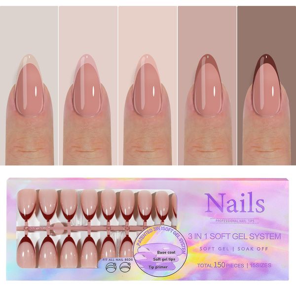 150 Pcs French Press on Nails Medium Almond Fake Nails French Gel Nail French Tip Fake Nails Manicure 15 Size Glossy Acrylic Nails Full Cover Nude Artificial False Nails for Women Girls Fingernail