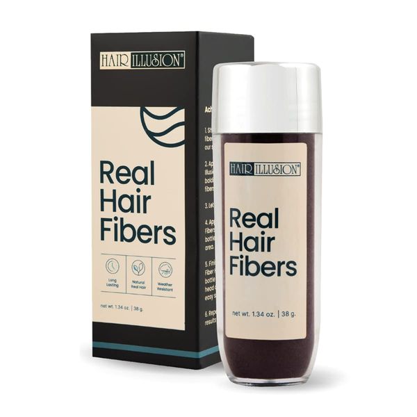 Hair Illusion Dark Brown Real Hair Fibers for Thinning Hair - 100% Natural Texture, Non Synthetic Hair Fibers - Bald Spot Cover Up for Women & Men - 38 Gram