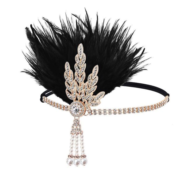 Gortin 1920's Flapper Feather Headband Art Deco Great Gatsby Headpiece Inspired Leaf Medallion Pearl Headband Bride Wedding Headdress Rhinestones Flapper Feather Hair Accessory for Women and Girls