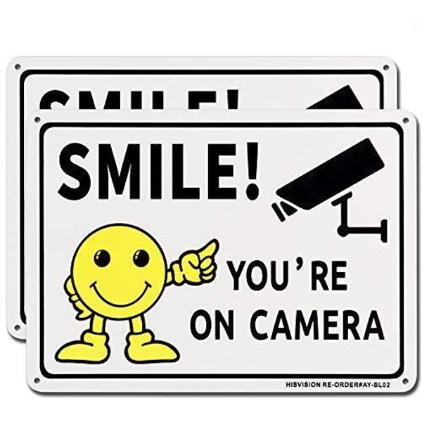 2 Pack 10x7 Inch Smile You're On Camera Sign Aluminum Video Surveillance Sign