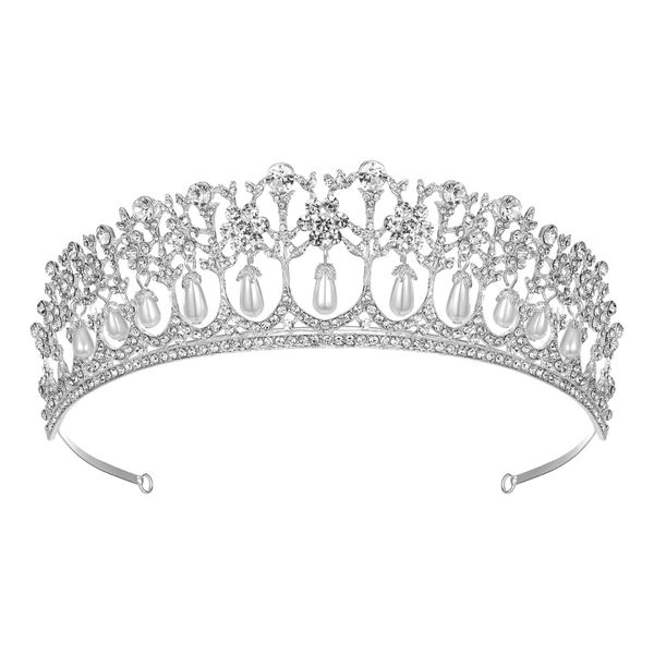 SWEETV Princess Diana Tiara for Women, Silver Pearl Wedding Crown for Bride, Rhinestone Costume Accessories for Birthday Party Prom