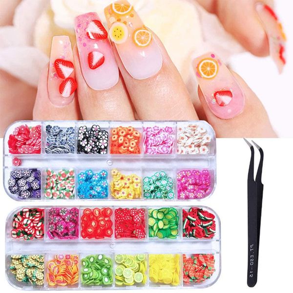 Kalolary 24 Boxes Nail Art Slice, 3D Assorted Fruit Animals Flowers Slices Nail Art Slices Decals Nail Art Marking Tools for Nail Art Decoration