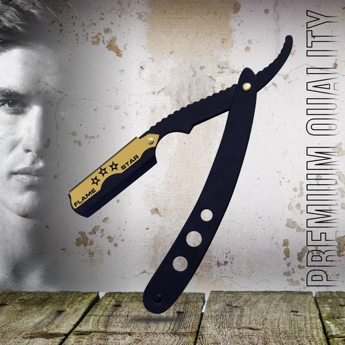 Black and Gold Barber Staright Edge Salon Hair Cut Razor 100% Stainless Steel with 10 Blades by "FLAME STAR"