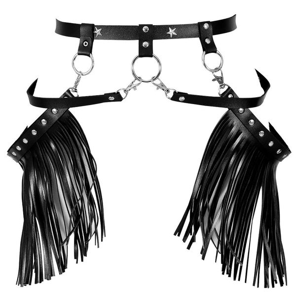 PETM•HS Women's Dance Fringed Skirt Pu Harness Lingerie Waist Belts Adjustable Halloween Punk Club Costumes (Black A)