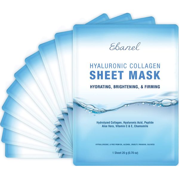 Ebanel 10 Pack Collagen Face Mask, Instant Brightening & Hydrating Face Sheet Mask with Aloe Vera, Hyaluronic Acid, Vitamin C and E, Chamomile, Anti Aging Face Mask with Hydrolyzed Collagen, Peptide