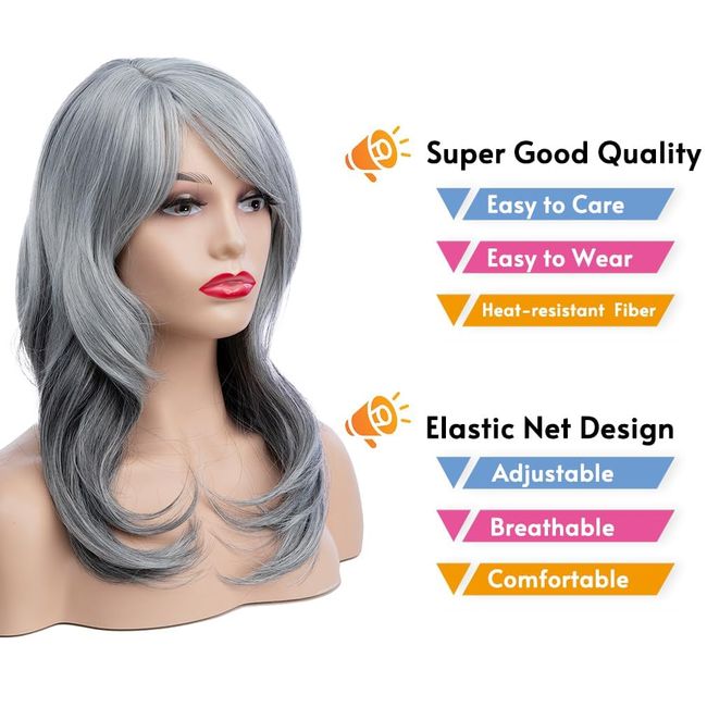 Beweig Womens Silver Grey Wig Long Grey Layered Wigs with Bangs Heat Resistant Synthetic Hair Wig for Daily Party Costumes