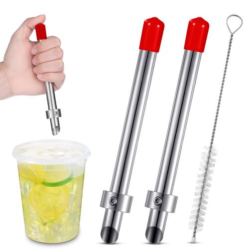 Lasnten 2 Pack Straw Puncher for Plastic Lids Lemonade Cups, Stainless Steel Straw Hole Puncher Punching Tools for Cafe Drinks Fresh Squeezed Lemonade Stand Supplies (6.3 Inch,Red)