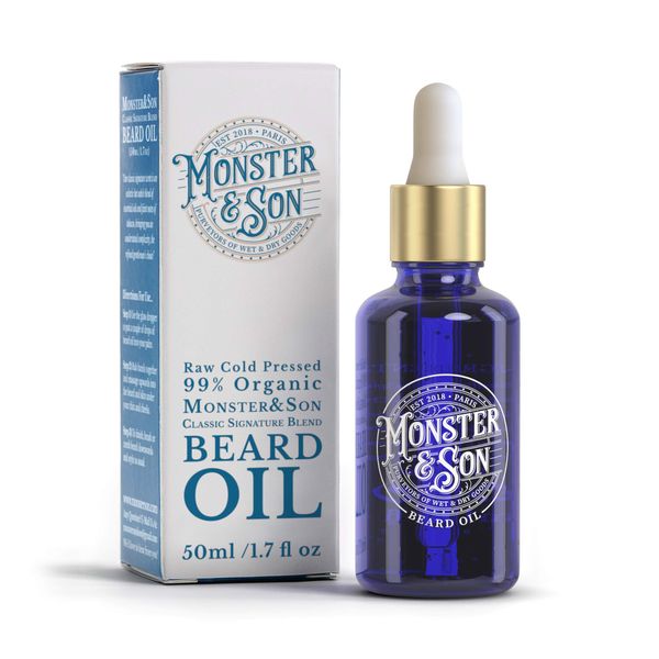 Monster&Son Classic Signature Blend Raw Cold Pressed Organic Beard Oil 50ml | Helps to Hydrate, Style and Promote New Hair Growth | Rich in Vitamins & Minerals - Jojoba, Argan & Meadowfoam Oils