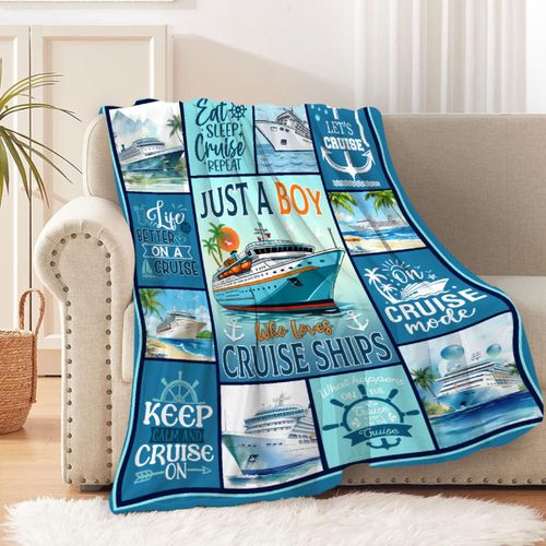 Cruise Blanket Just A Boy Who Loves Cruise Ships Fleece Blanket Kids Adult Ocean Voyage Cruise Ship Print Lightweight Throw Blankets Soft Cozy Bedroom Couch Sofa (50" L X 40" W)