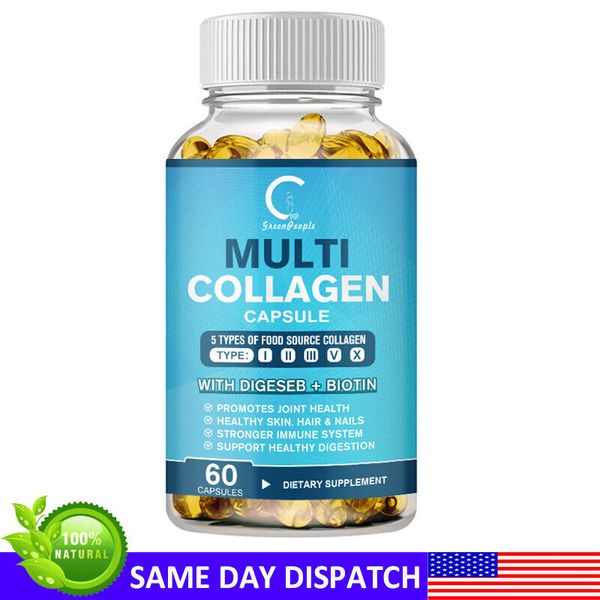 Multi Collagen Peptides-60 Capsules-Type I,II,III,V,X Anti-Aging Collagen Pills