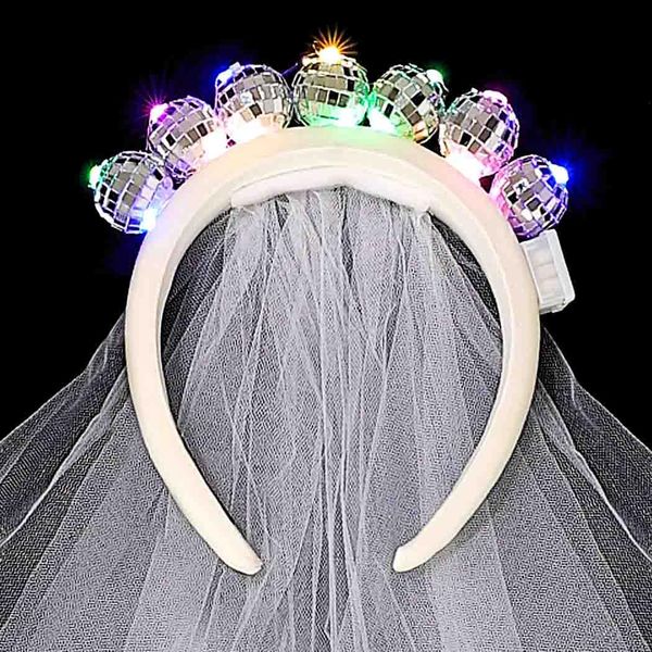 DRESBE Light Up Disco Ball Headband Silver LED Veil Headbands Glow Party Hair Accessories for Women