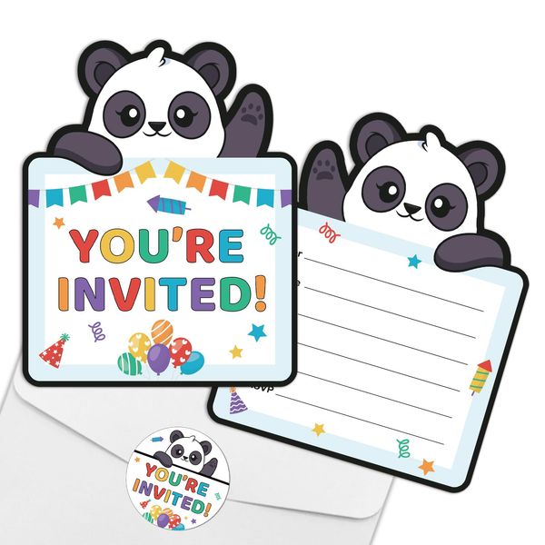 REWIDPARTY Panda Kids Birthday Invitations with Envelopes & Stickers（Set of 15） Panda Theme Shaped Fill-in Invitations Happy Birthday Invites Cards Colorful Birthday Party Supplies for Boys Girls