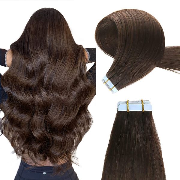 YILITE Tape in Hair Extensions Real Human Hair Darkest Brown Straight Seamless Weft Hair Natural Extensions Tape in 14 inch 20Pcs/Pack Tape in Remy Hair Extensions(14 inches #2 Darkest Brown)