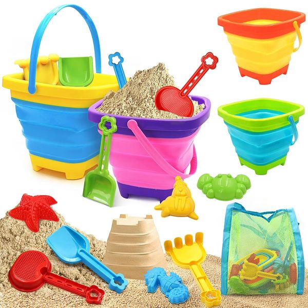 YZNlife Collapsible Beach Toys for Kid Toddler, 16pcs Sand Pit Toys for Kid Toddler -4 Collapsible Sand Bucket,8PCS Shovel,4pcs Sand Beach Toys for Toddler Kid,Travel Beach Foldable Bucket