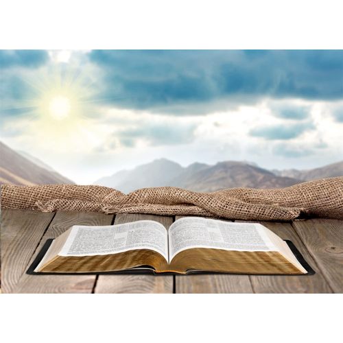 Loccor 5x4ft Fabric Holy Bible Backdrop Sunrise Mountain Sky View with Open Bible on Wooden Board Photography Background Easter Resurrection of Jesus Christ Backdrop Church Christian Display Supplies