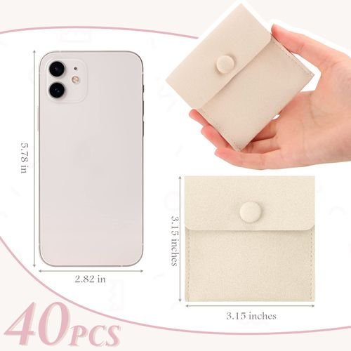 Microfiber Jewelry Pouch 8x8cm, Jewelry Packaging Bag Luxury Small Jewelry Gift Bags Package Snap Button with Divider Microfiber Bag for Bracelet Necklace Packaging (Beige,40 Pcs)