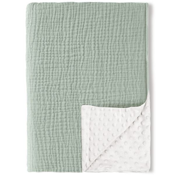 Konssy Baby Blankets for Unisex Boys Girls, Super Soft Nursery Minky Blankets with Muslin Cotton Front and Dotted Fleece Backing, Printed Bed Throws Newborn(Light Green)