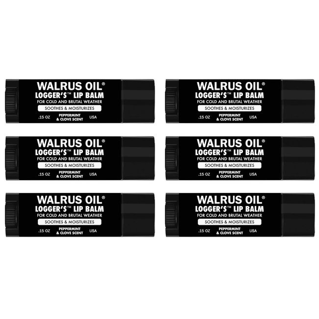 WALRUS OIL - Logger's Lip Balm, 6-Pack, 100% Vegan, Made with Candelilla Wax, Almond Oil, Coconut Oil, Jojoba Oil, and Natural Ingredients.