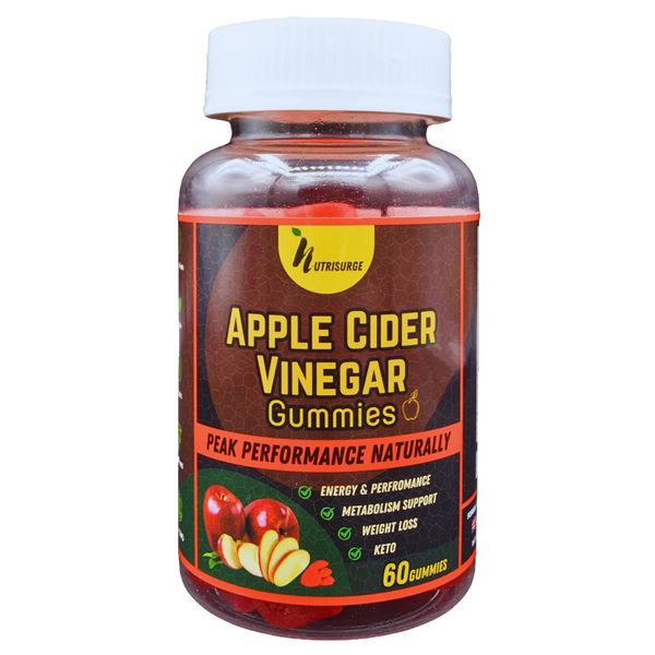 Nutrisurge Apple Cider Vinegar Gummies with the Mother 3000 milligrams with Vitamin B12 & Folic Acid | Pack of 60 High Strength Vegan ACV Gummies