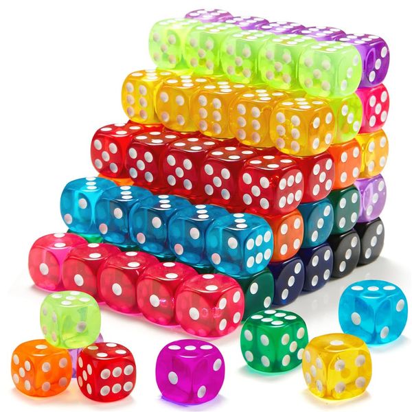 Riaaorr 100 Pieces 16MM Colored Dice Set, Standard Bulk Colors Dices, Classroom Dice, Translucent 6 Sided Games Dice for Board Games, Parties, Classroom Math Games