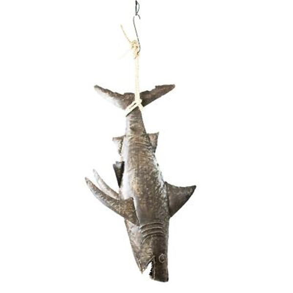 Large 45 Inch Nautical Beach Rustic Metal Shark Rope Hanger Wall Decor
