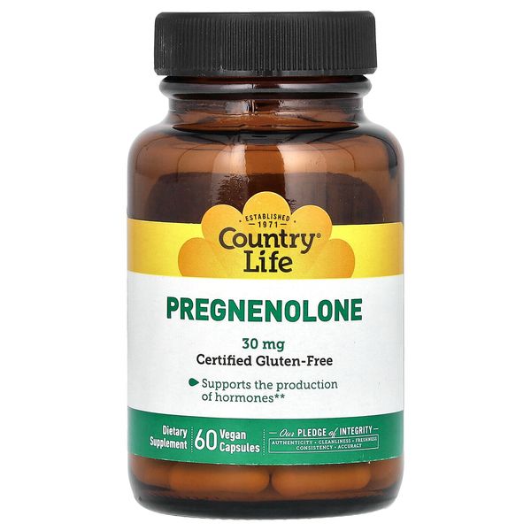 Country Life Pregnenolone 30 mg 60 Veggie Caps Gluten-Free, GMP Quality Assured,