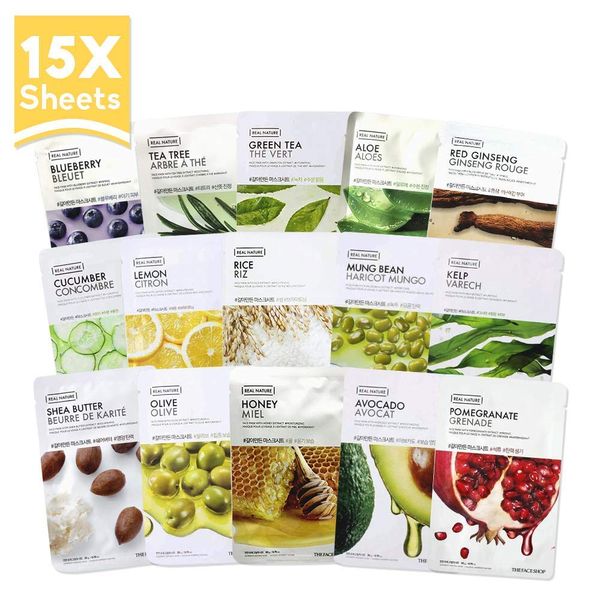 The Face Shop Facial Mask Sheets (15 Treatments), Real Nature Full Face Masks Peel Off Disposable Sheet (Pack of 15), Anti Aging Firming Moisturizing Essence