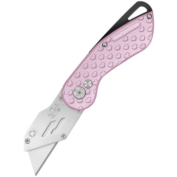 FantastiCAR Box Cutter Folding Utility Knife, Unique Metal Body, Safety Lock Button and Quick Blade Change, with Extra 5 Sharp Blades (Pink-Hearts)