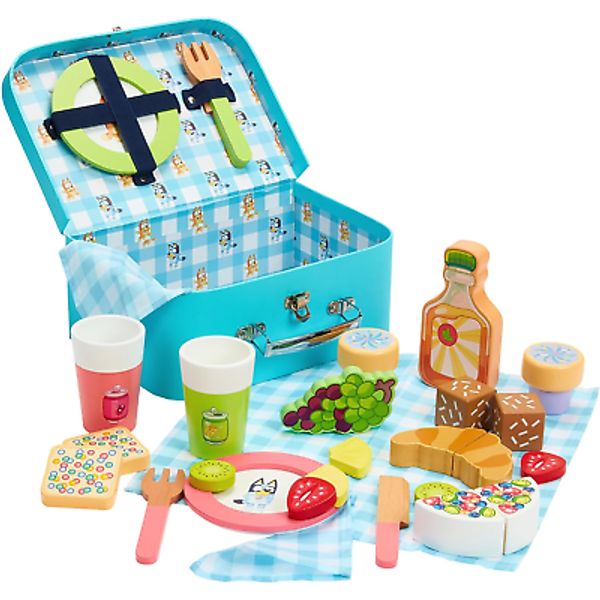 Bluey  Picnic Basket Set – 30 Piece Wooden Roleplay Toy with Carry Case