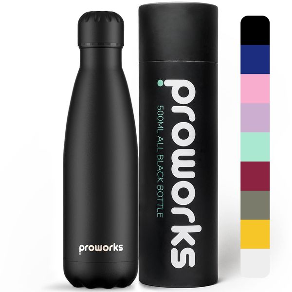 Proworks Performance Stainless Steel Sports Water Bottle | Double Insulated Vacuum Flask for 12 Hours Hot & 24 Hours Cold Drinks - Great for Home, Work, Gym & Travel - 500ml - BPA Free – All Black