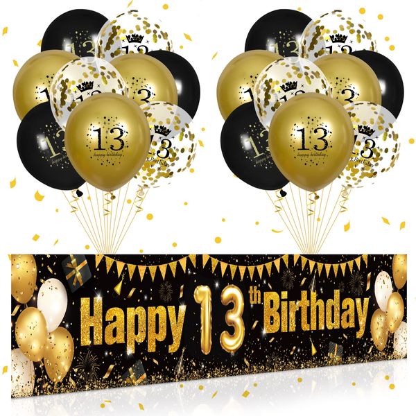 13th Birthday Decorations for Boys Girls Black and Gold Happy Birthday Yard Banner 18PCS 13th Birthday Confetti Balloons for Kids 13 Years Old Anniversary Birthday Party Supplies Outdoor Yard Decor