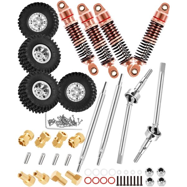 hopsupRC Upgrade Parts for 1/18 TRX4M,#45 Steel Axle Drive Shaft CVD,Full Alloy Big Bore RC Shocks Absorber Damper,Rc Wheels Tires,Brass 10mm Hex hub Extended Wheel Hex,Red Silver with Brown