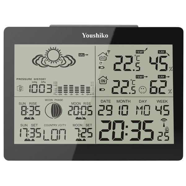 Youshiko YC9360 Digital Weather Station with Radio Controlled Clock ( Official UK Version ), Indoor Outdoor Temperature Humidity , Sunrise , Sunset , Moonrise , Moonset Times , Barometric Pressure