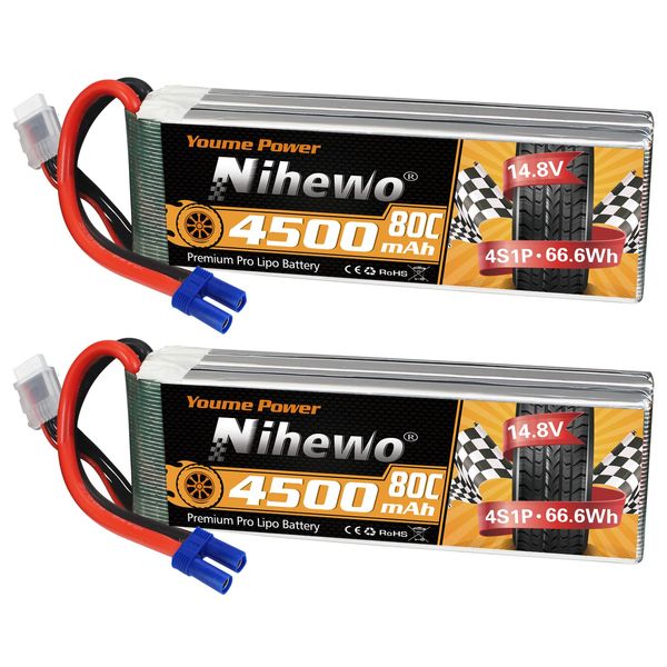 Nihewo 4S Lipo Battery 14.8V RC Battery 4500mAh 80C with EC5 Plug Compatible with 1/10 1/8 Scale RC Car Truck Vehicle Airplane Helicopter Boat Tank Models(2 Packs)