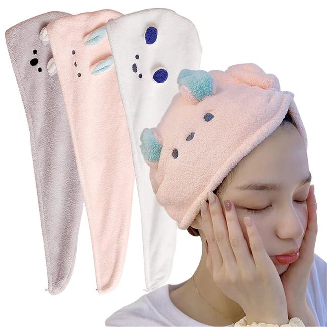 Hair Drying Towel, Dry Cap with Ears, Hair Cap, Set of 3, Quick Drying, Towel Cap, Lightweight, Strong Absorbent, Quick Drying, Hair Towel, Can Be Used by Adults and Kids, Shower Cap, After Bath, Fluffy, Bath Supplies, Unisex, Pink, White & Gray