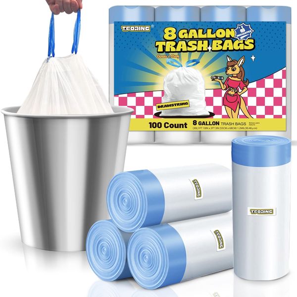 T.FORING 8 Gallon Trash Bags Drawstring 1.2 Mil - 100 Count White Medium Garb...