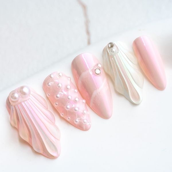 Sun&Beam Nails Handmade Nail Tip, Medium, Long, Almond, False Claws, Mermaid Scales, Shells, Pearl, Sparkle, Popular, 3D, Fashionable, Cute Design, 10 Pieces (#11 Pink, L)