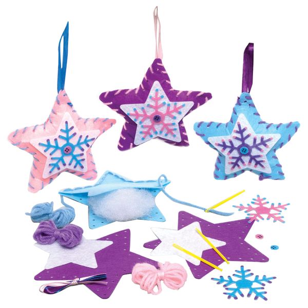 Baker Ross FE787 Winter Star Sewing Kits - Pack of 3, Sewing Set for Children,Creative Activities for Kids, Ideal Christmas Arts and Crafts Project,Blue,Pink,Purple