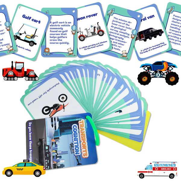 48PCS Transports Flashcards for Kids,Waterproof The Traffic Tools Education Flash Cards, Children's Means of Transportation Educational Card, Double-Sided Vehicles Toy Cards for Toddles