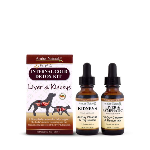Amber NaturalZ Internal Gold Detox Kit Herbal Supplement Kit for Dogs and Cats | Pet Supplements for Kidney and Liver Support | 2 Amber Glass Bottles (1 fl oz Each) | Manufactured in The USA