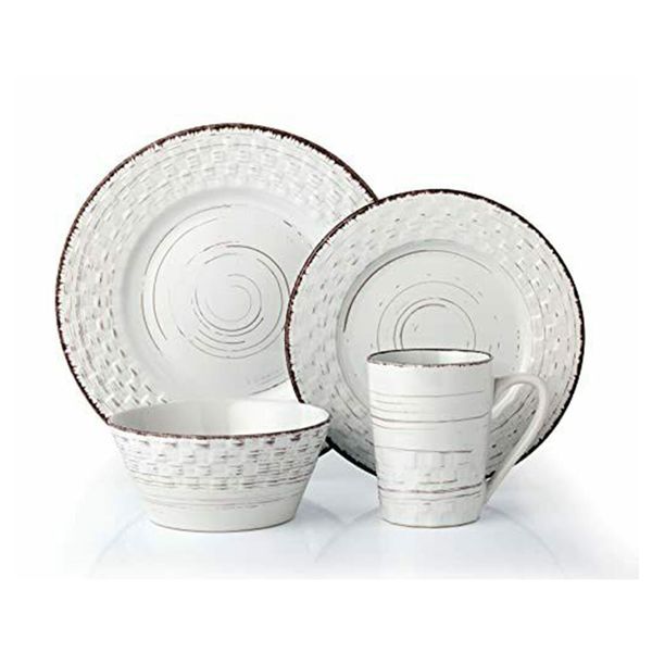 16 Piece Stoneware Dinnerware Service Set for 4 People - Distressed Weave, White