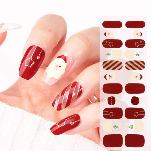 22 pcs Gel Nail Strips Santa Claus Nail Gel Polish Wraps Soft Self-Adhesive Nail Full Wraps Christmas Nail Strips Sticker Nail Tips Christmas Nail Wraps Sticker Decals