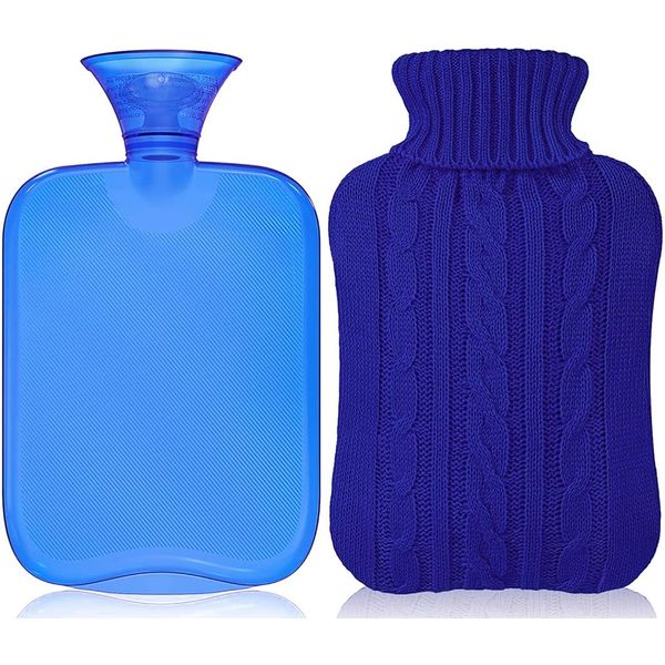 Attmu Hot Water Bottle with Cover Knitted, Transparent Hot Water Bag 2 Liter - Blue