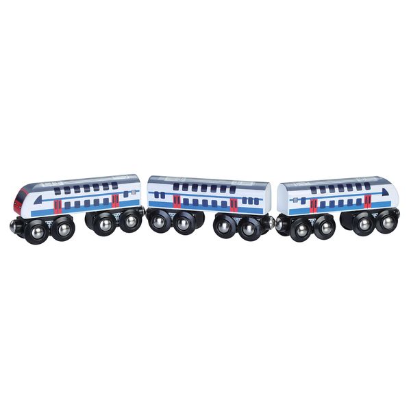 Double Decker Wooden Train with 2 Engines & 1 Car. Multi-Level Commuter Passenger Transit Toy. Detailed, Bright Vivid Colors, Fun for Kids 3 and Up. Universally Compatible