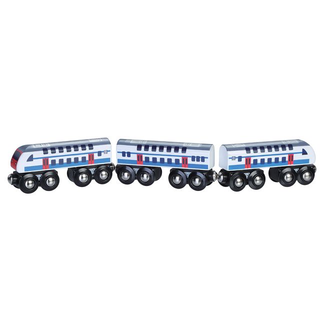 Double Decker Wooden Train with 2 Engines & 1 Car. Multi-Level Commuter Passenger Transit Toy. Detailed, Bright Vivid Colors, Fun for Kids 3 and Up. Universally Compatible
